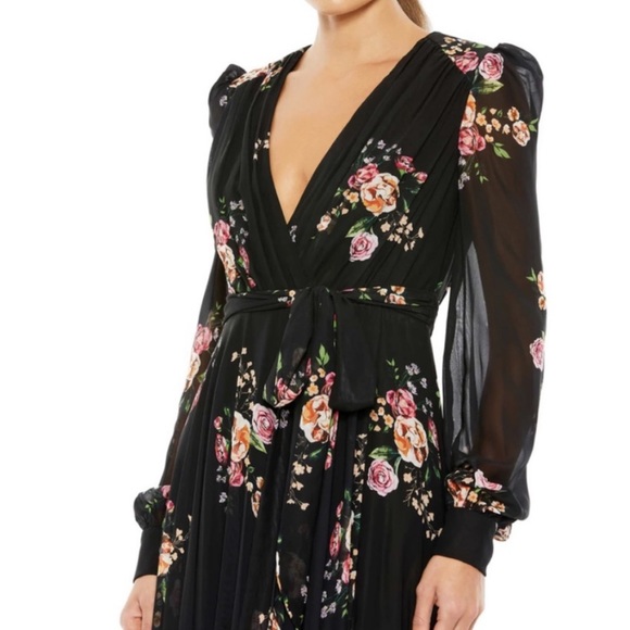 MAC DUGGAL Belted Floral Print Long Sleeve Gown Black SIZE 6. 0727 - Picture 3 of 7